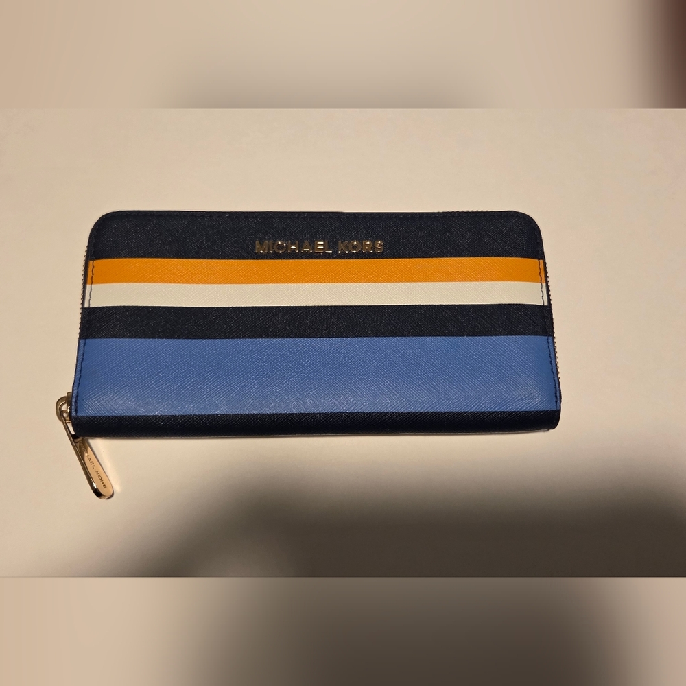Michael Kors Navy Blue Light Blue White Yellow Striped Zip Wallet